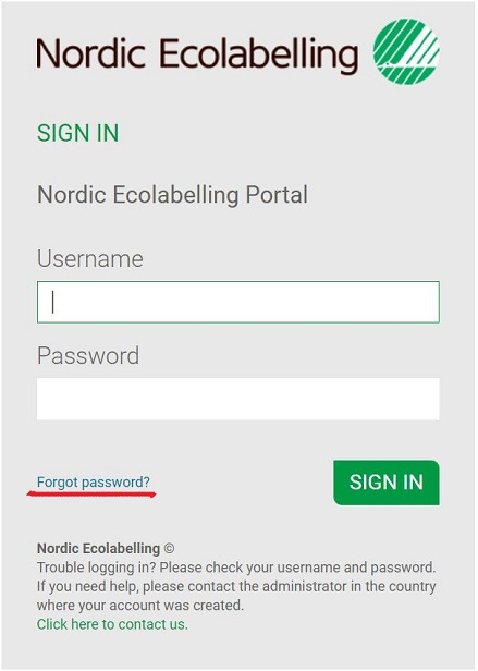 Bild på Nordic Ecolabelling inloggning med Forgot My Password nedanför